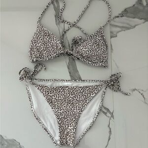 Leopard Print Tie-Side Bikini Set - White & Brown